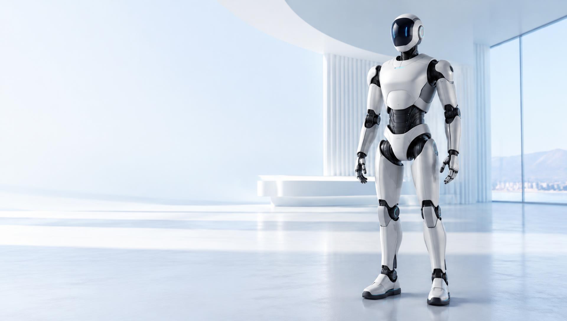 Repo Soul humanoid robot concept in a bright architectural environment